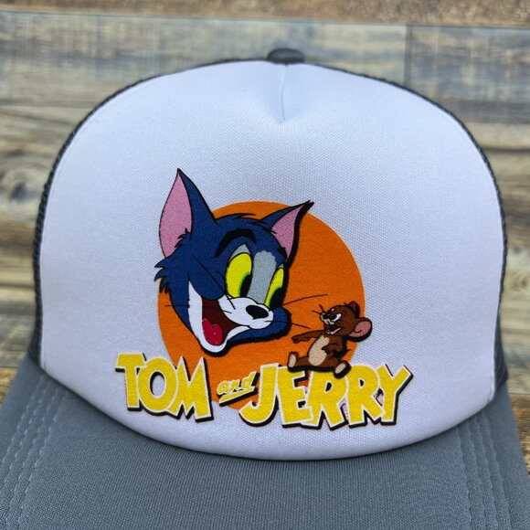 Tom And Jerry Mens Trucker Hat Grey Snapback 1940 Cartoon Vintage Logo Ball Cap - Picture 3 of 8